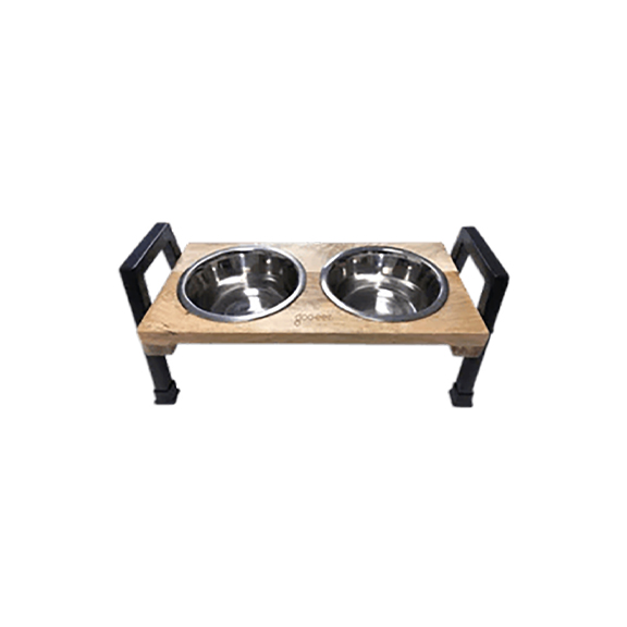 High Mango Wood Feeder with Double Stainless Steel Bowls