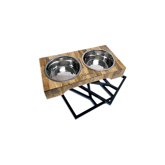 Adjustable Height Mango Wood Feeder with Stainless Steel Bowls
